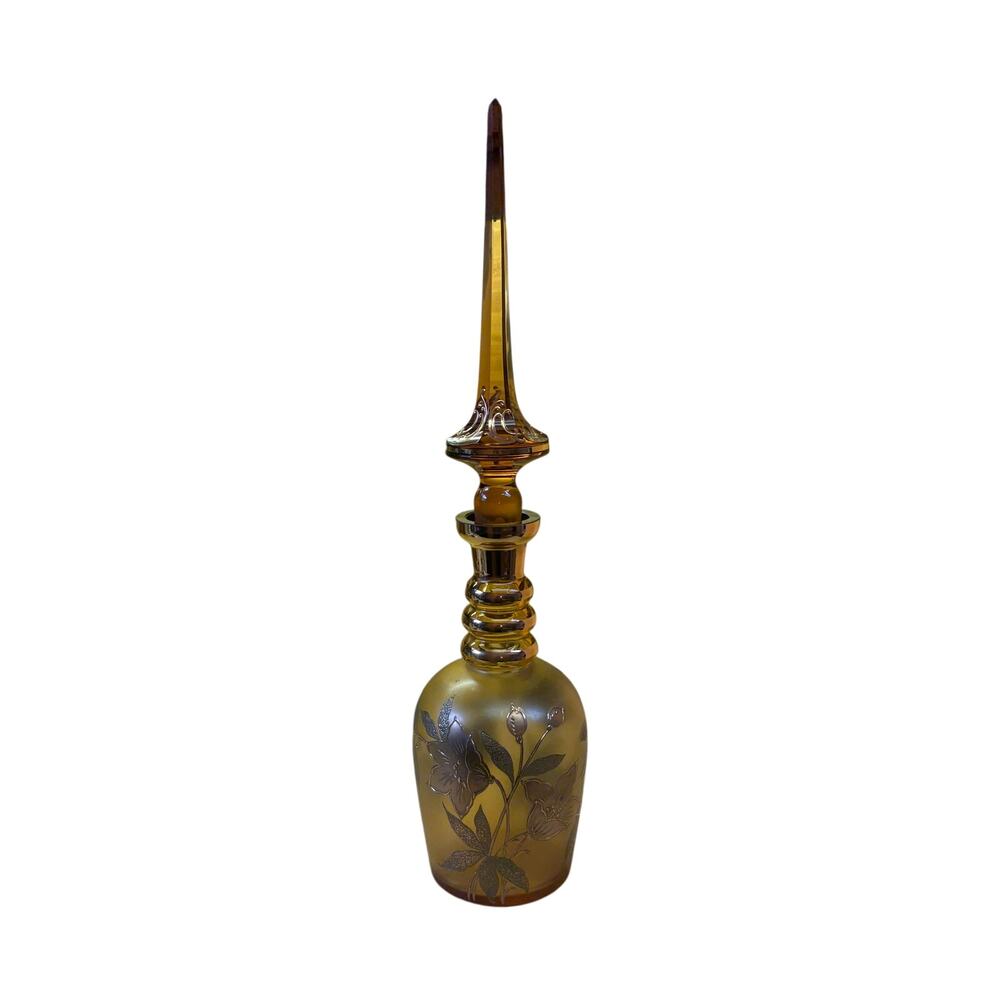 Vintage MOSER Large Decanter Art Nouveau tall stopper 19” Gold Pink Floral 60s